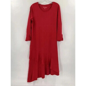 Soft Surroundings Womens MEDIUM Red Jersey Knit Asymmetrical Ruffle Hem Dress